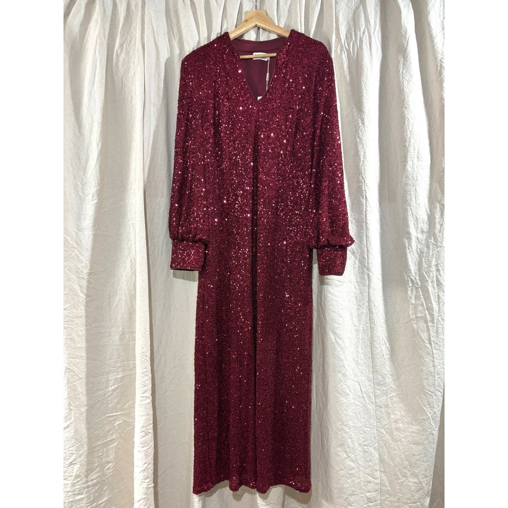 Modesees Burgundy Red Sequin V-Neck Maxi Dress Long Bishop Sleeve Wine Red L NEW